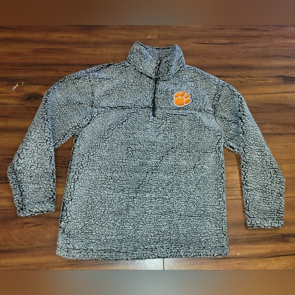 Gray Sherpa Quarter-Zip Clemson Tigers Sweater Soft Size Large Orange Paw Print